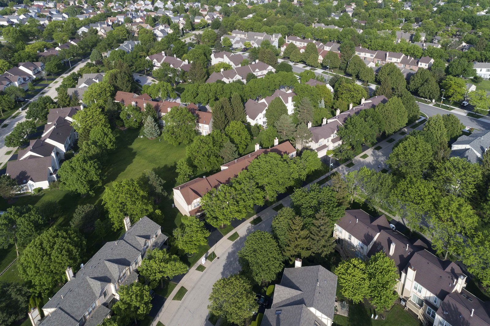 Aerial view of a townhouse row with new roofs in Bolingbrook